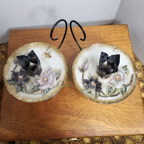 Vintage Pair of Porcelian and Metal Hand Painted Floral Candle Holders - Picture 8 of 17